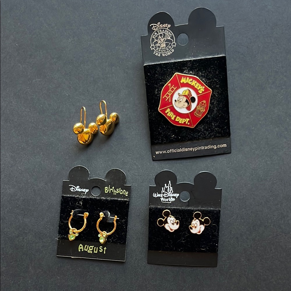 Vintage Disney Mickey Mouse Gold Earrings and Pin Set